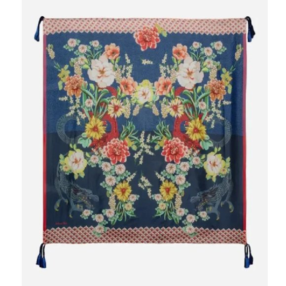 Johnny Was Dragona Silk Scarf Flower Square Large Floral Tassels Blue Scarves NW - Picture 1 of 6